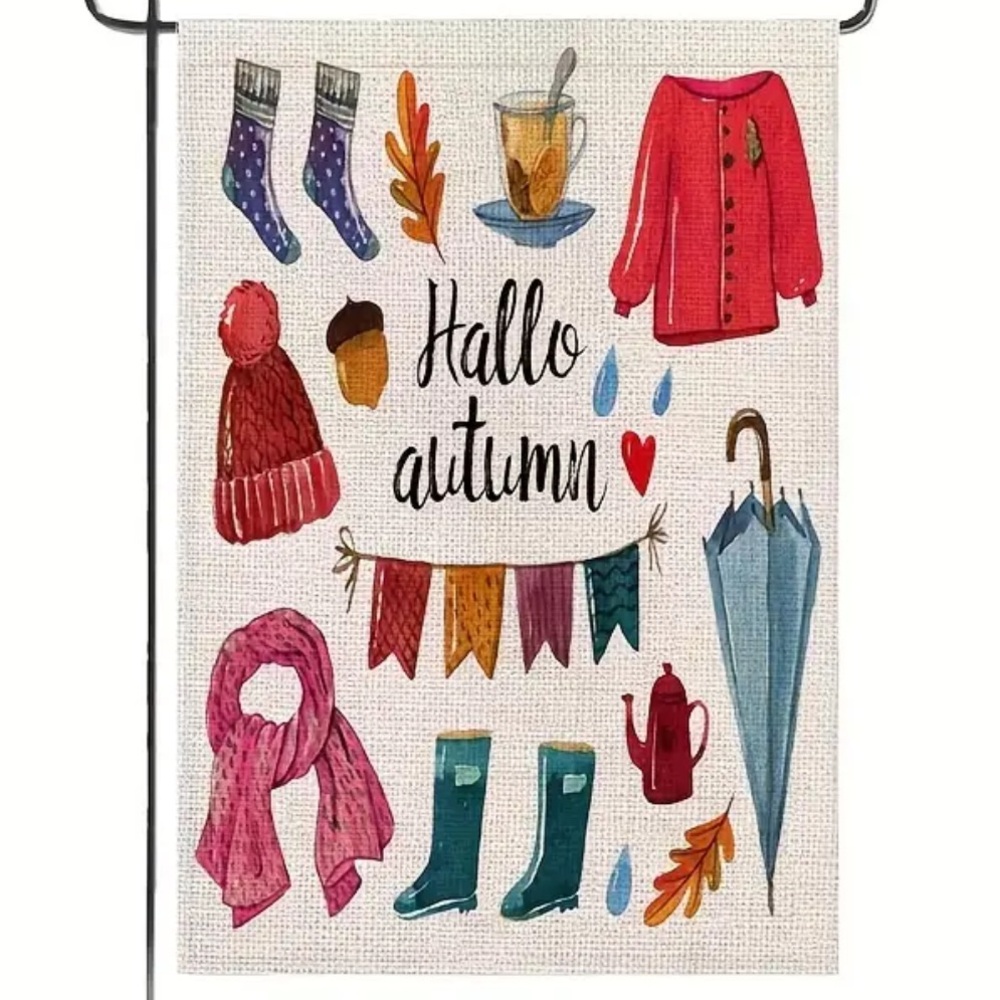 NIP Leaves Boots Umbrella “Hello Autumn” Burlap Double Sided Garden Flag